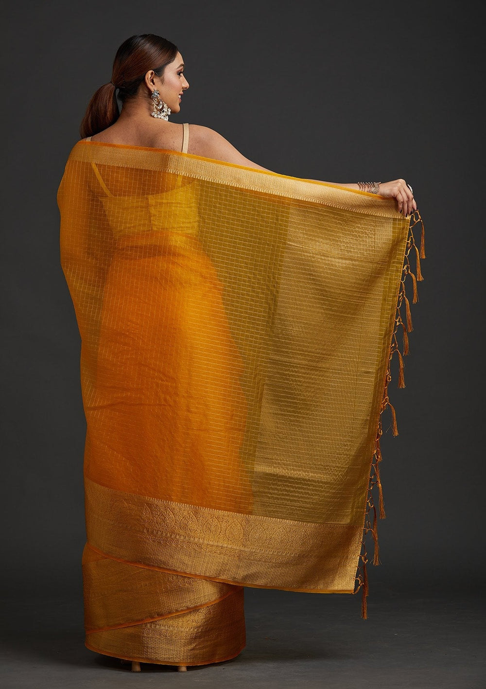 Mustard Zariwork Tissue Designer Saree - koskii