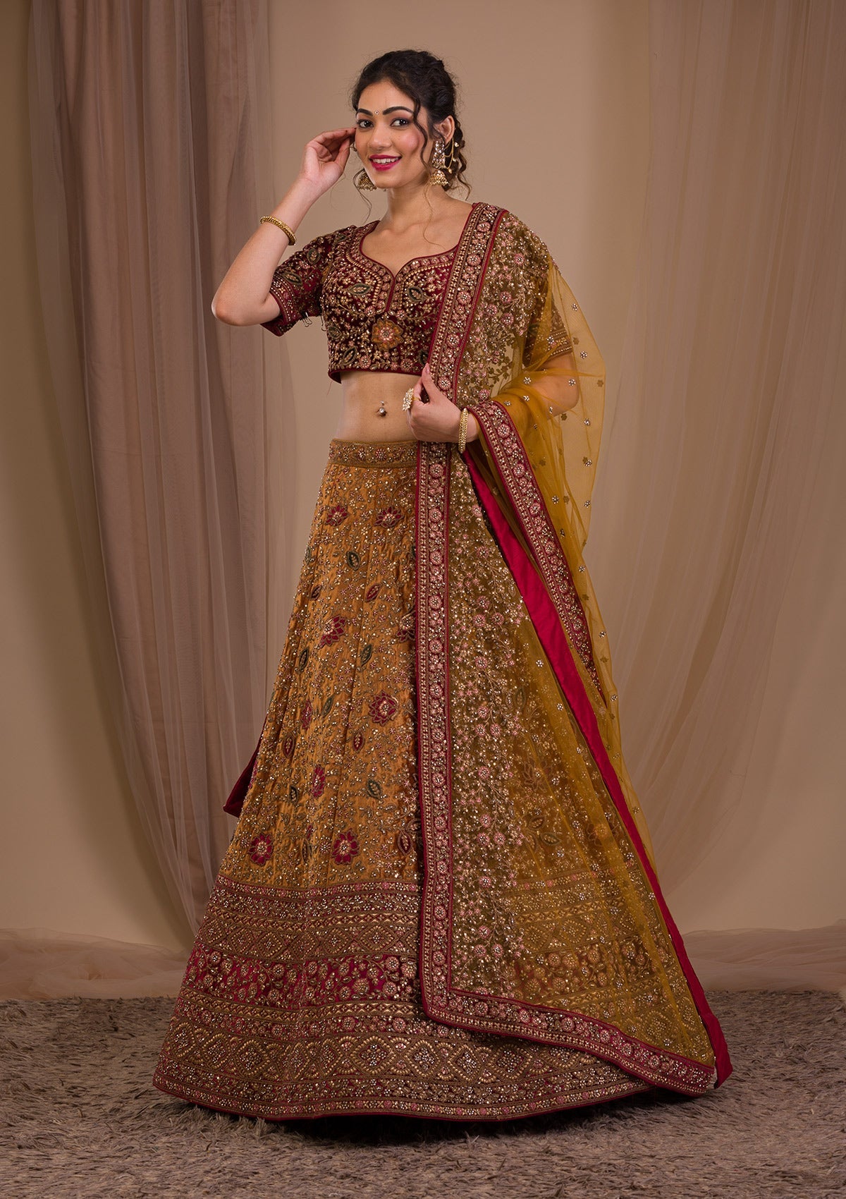 Mustard Zariwork Velvet Readymade Lehenga-Koskii