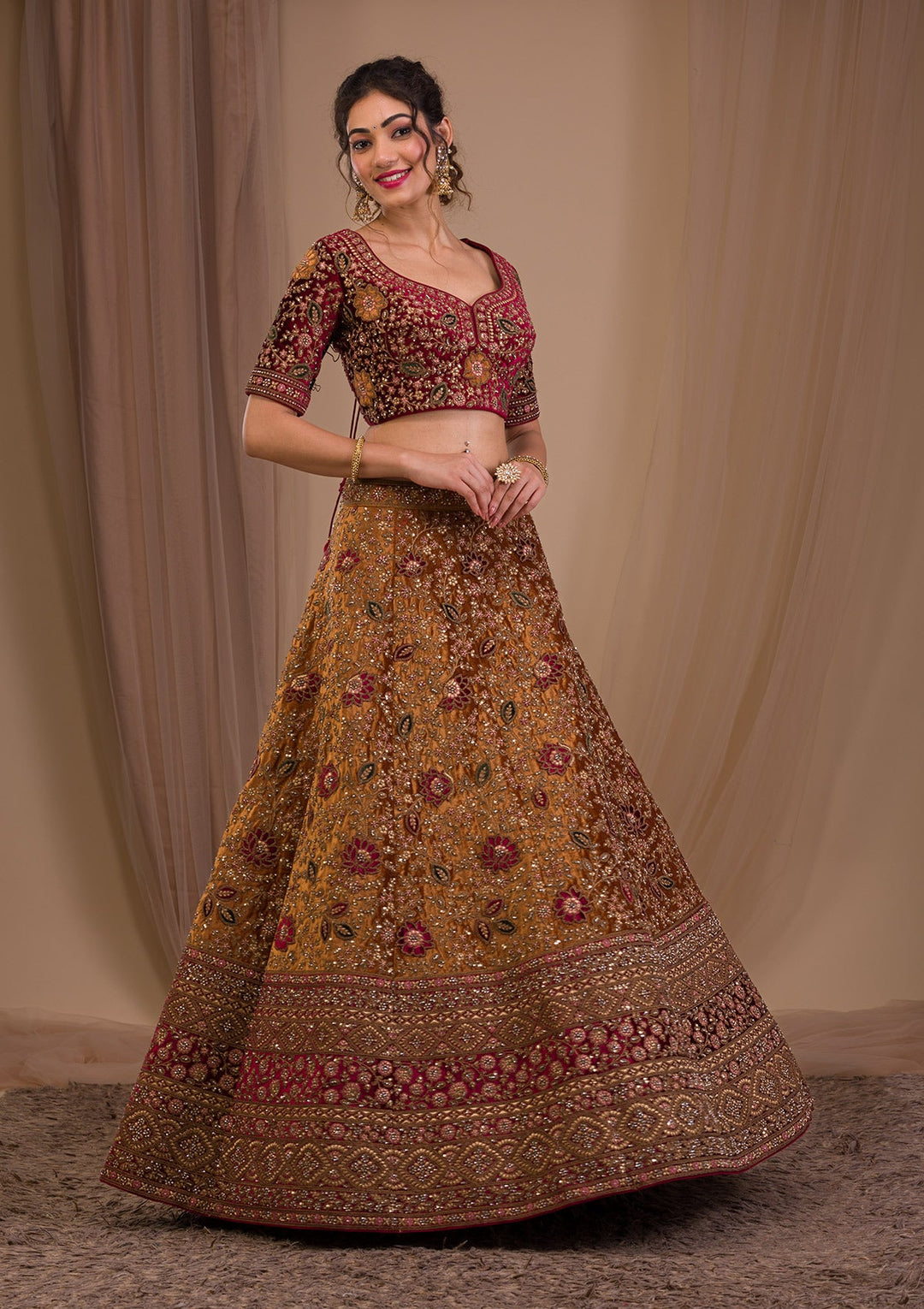 Mustard Zariwork Velvet Readymade Lehenga-Koskii