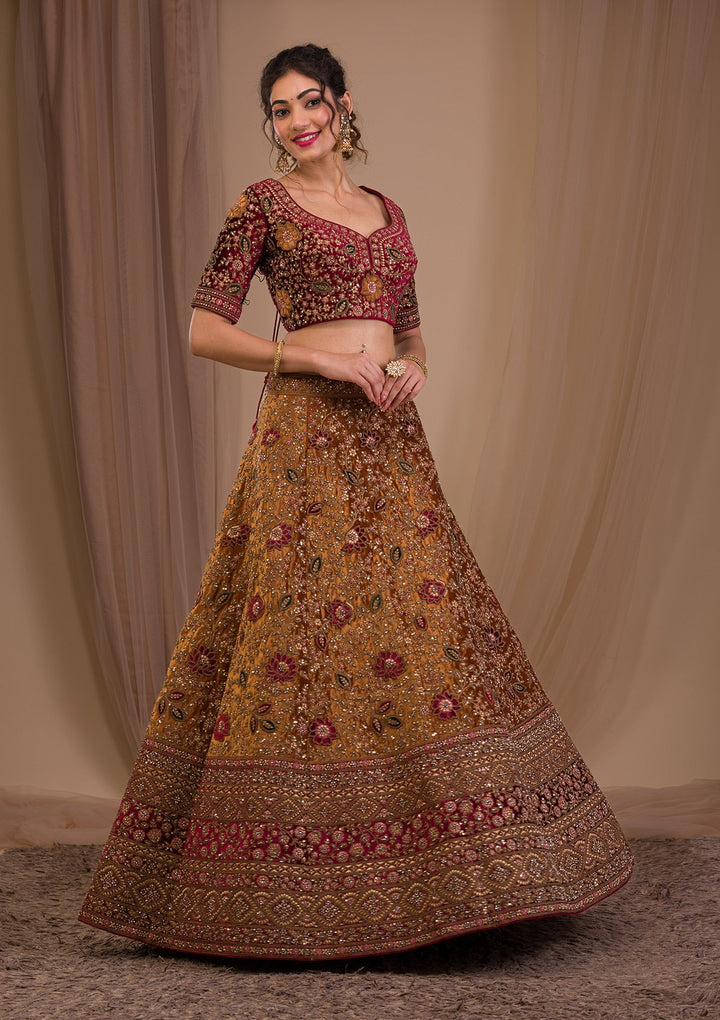 Mustard Zariwork Velvet Readymade Lehenga-Koskii