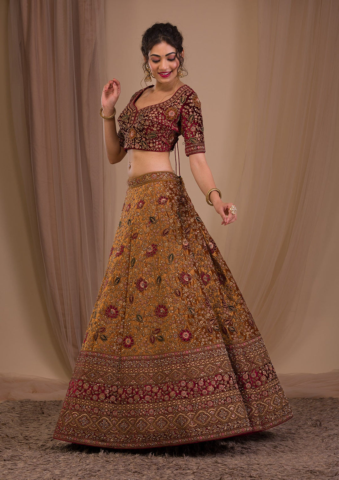 Mustard Zariwork Velvet Readymade Lehenga-Koskii