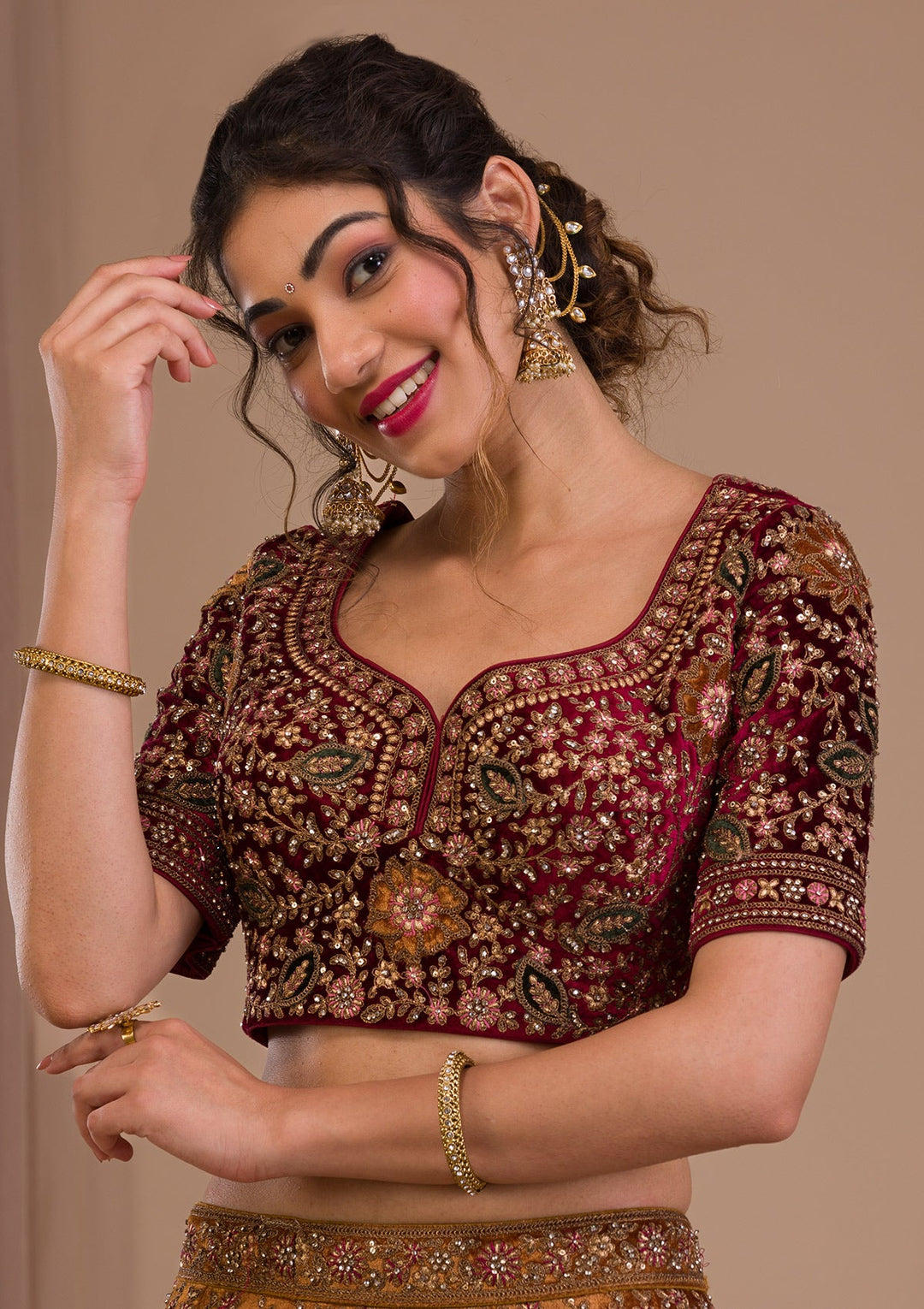 Mustard Zariwork Velvet Readymade Lehenga-Koskii