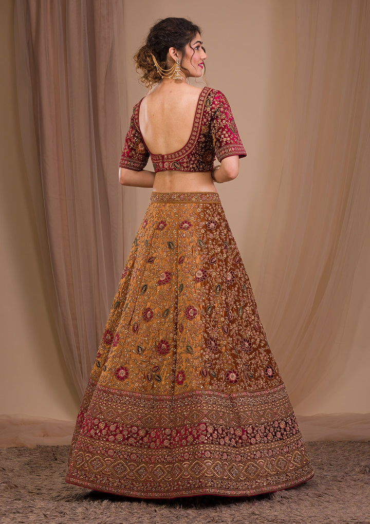 Mustard Zariwork Velvet Readymade Lehenga-Koskii