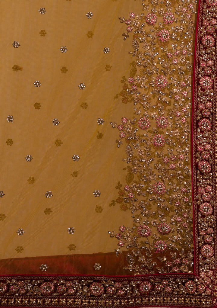 Mustard Zariwork Velvet Readymade Lehenga-Koskii