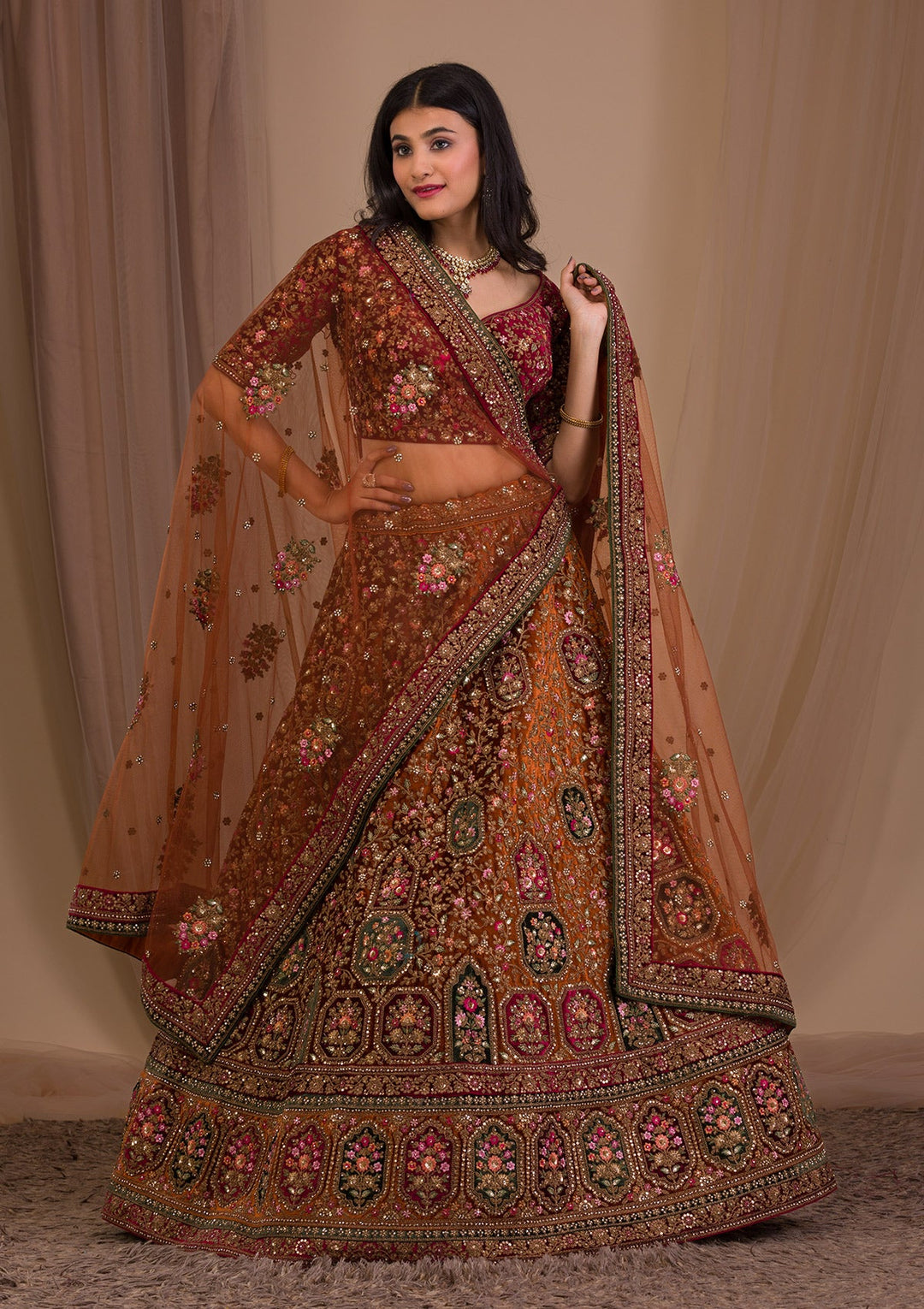 Mustard Zariwork Velvet Readymade Lehenga-Koskii