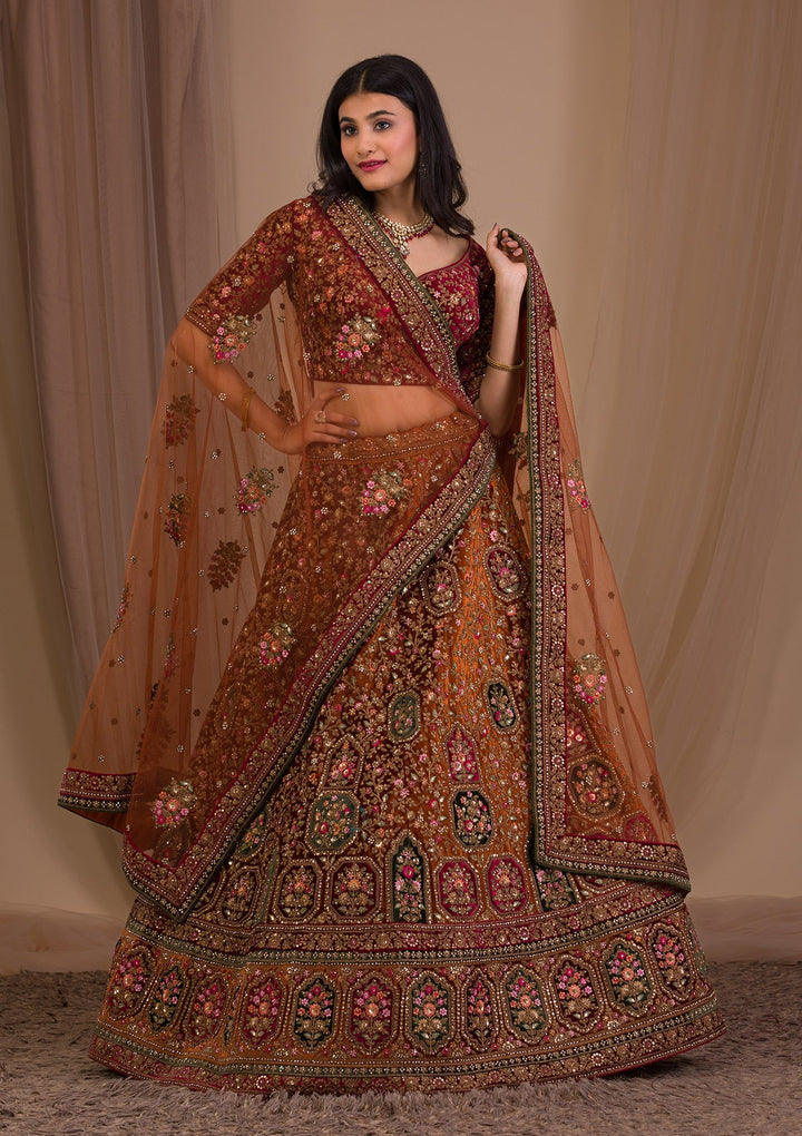 Mustard Zariwork Velvet Readymade Lehenga-Koskii