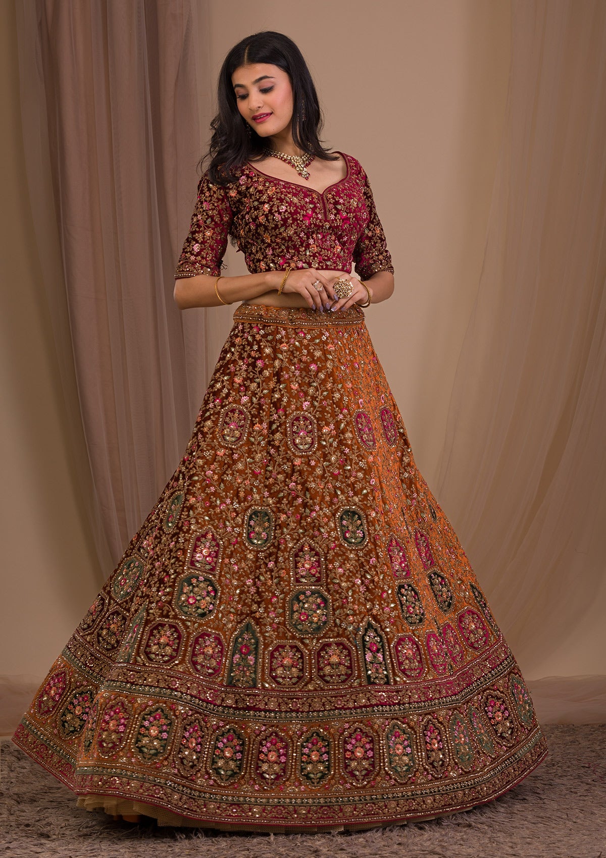 Mustard Zariwork Velvet Readymade Lehenga-Koskii