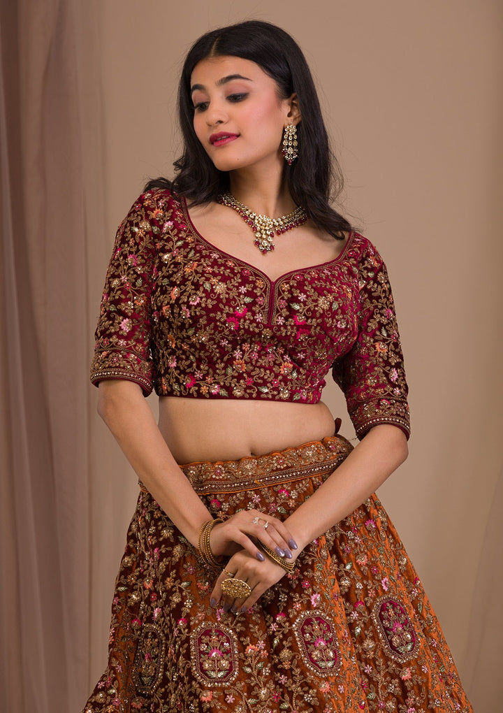 Mustard Zariwork Velvet Readymade Lehenga-Koskii