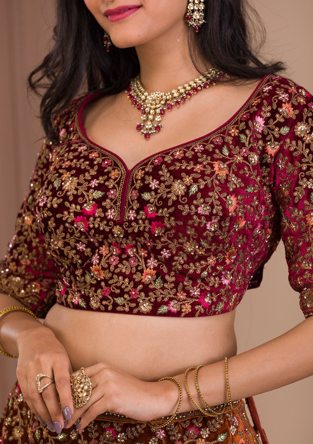 Mustard Zariwork Velvet Readymade Lehenga-Koskii
