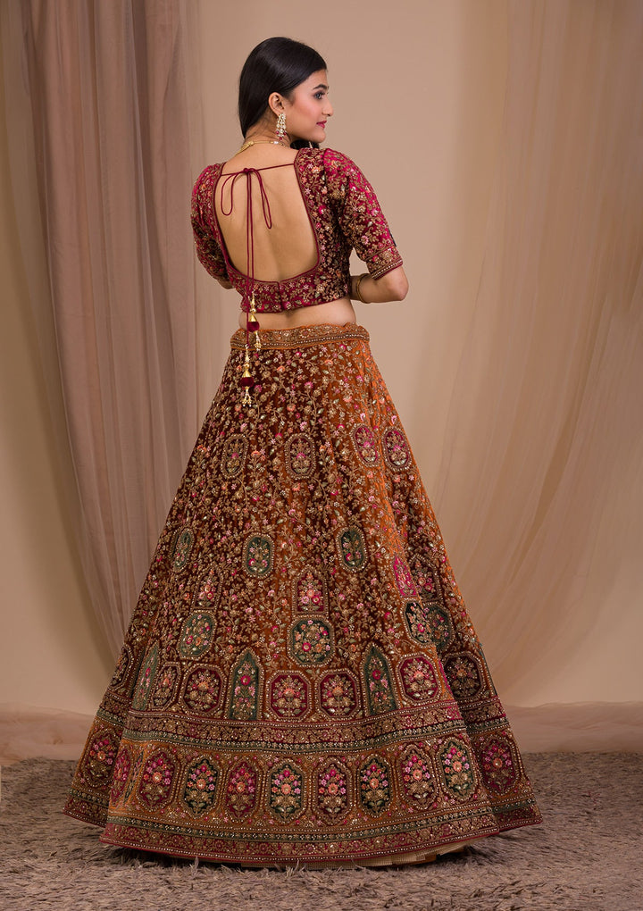 Mustard Zariwork Velvet Readymade Lehenga-Koskii