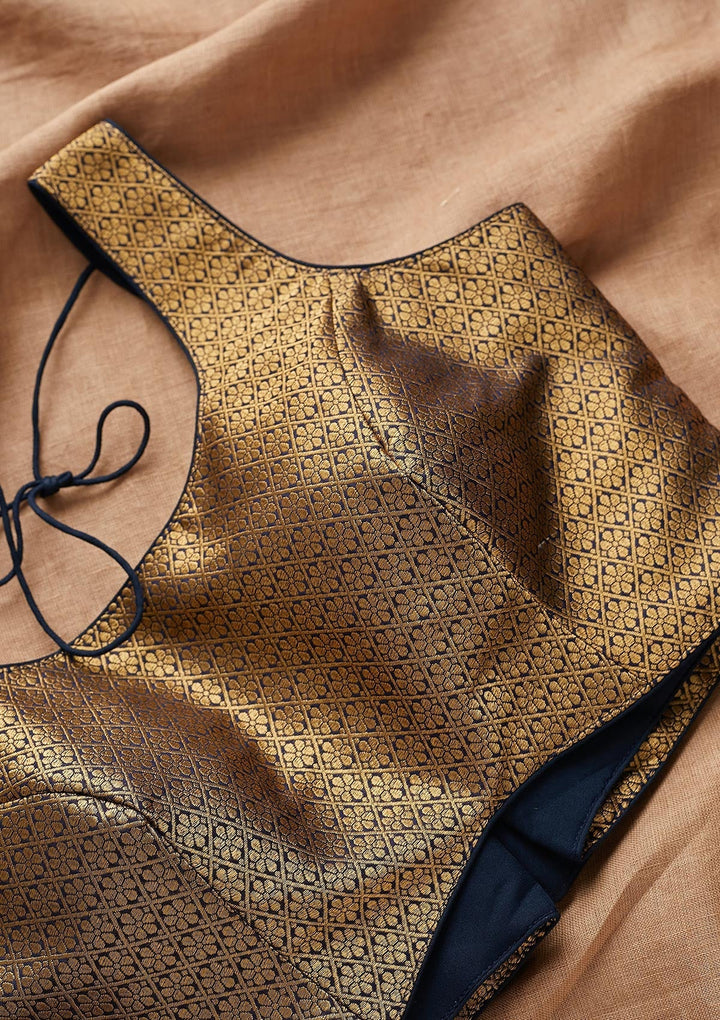 Navy Blue Zariwork Brocade Blouse - Koskii