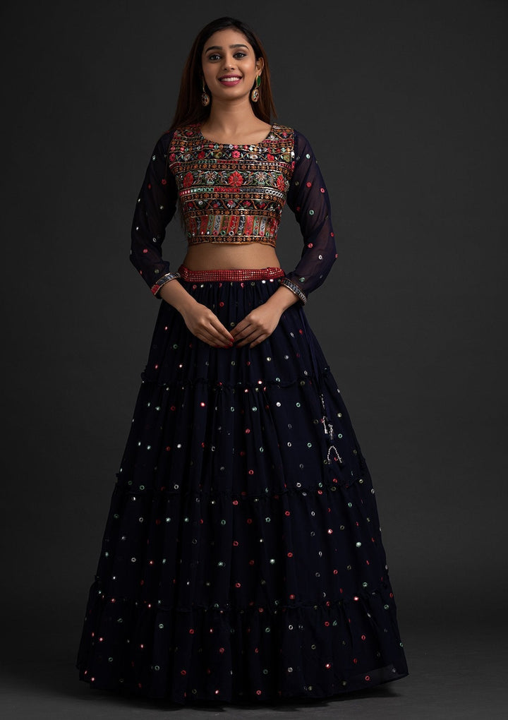 Navy Blue Chikankari Georgette Designer Lehenga - koskii