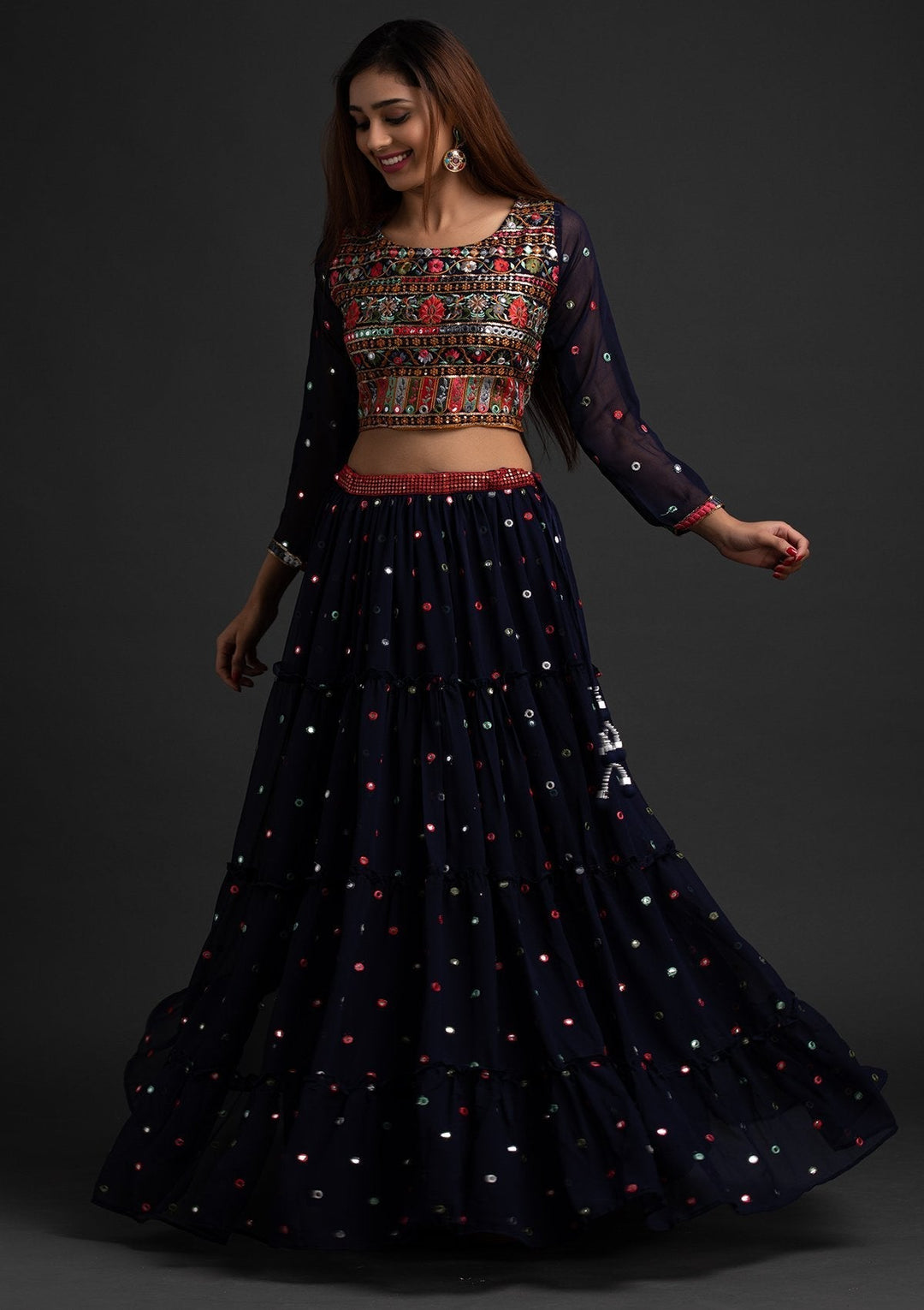 Navy Blue Chikankari Georgette Designer Lehenga - koskii