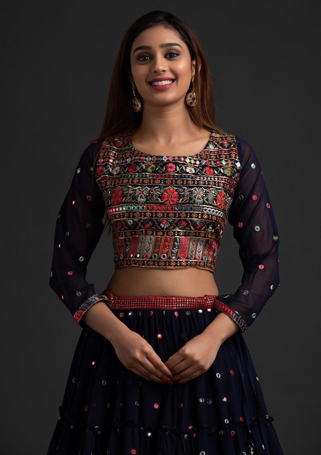 Navy Blue Chikankari Georgette Designer Lehenga - koskii