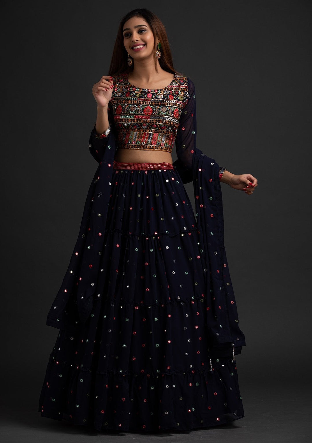 Navy Blue Chikankari Georgette Designer Lehenga - koskii