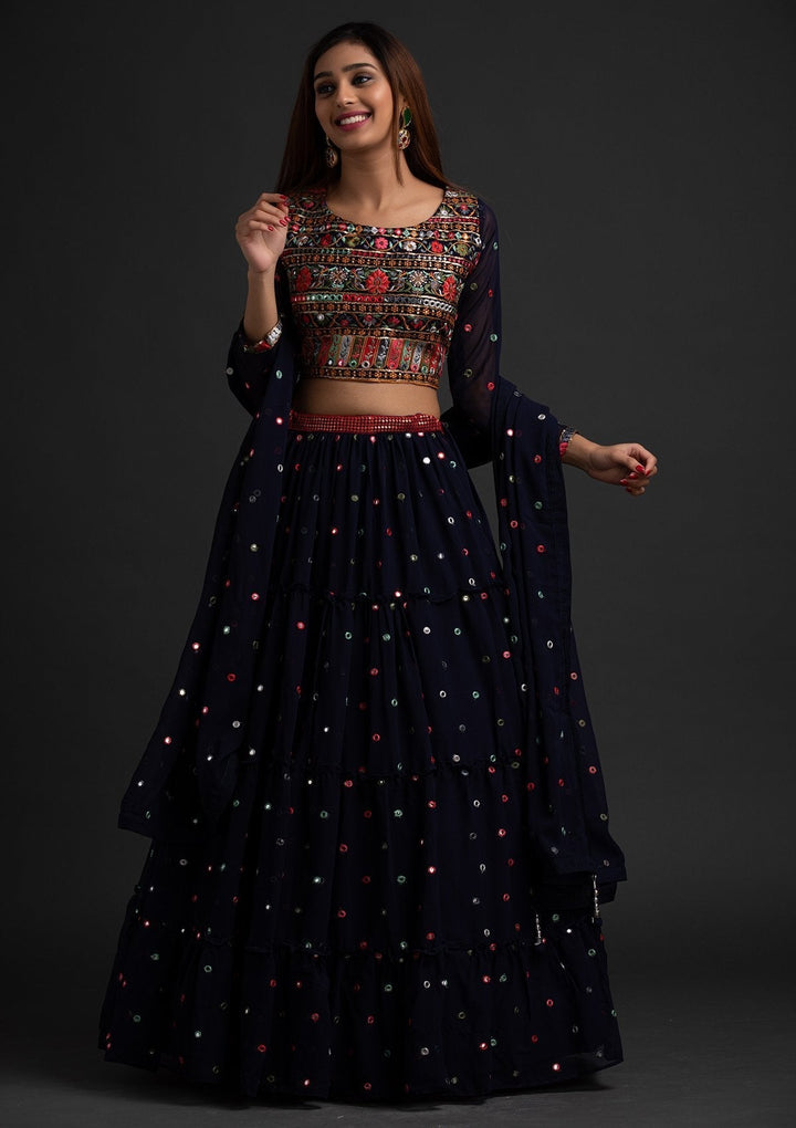 Navy Blue Chikankari Georgette Designer Lehenga - koskii