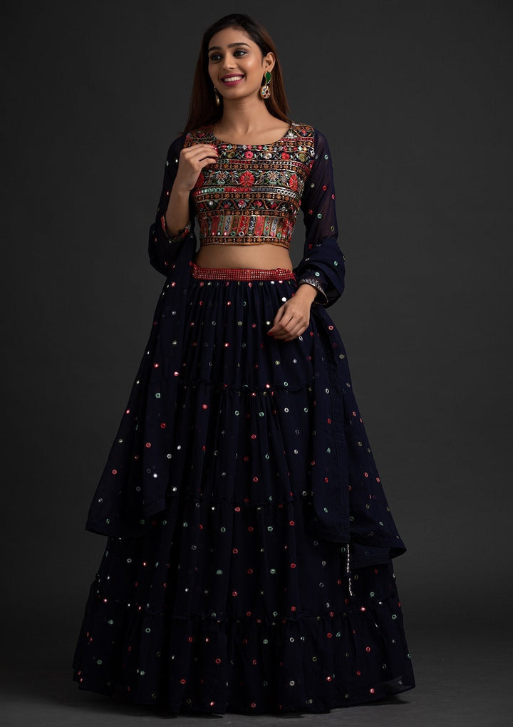 Navy Blue Chikankari Georgette Designer Lehenga - koskii