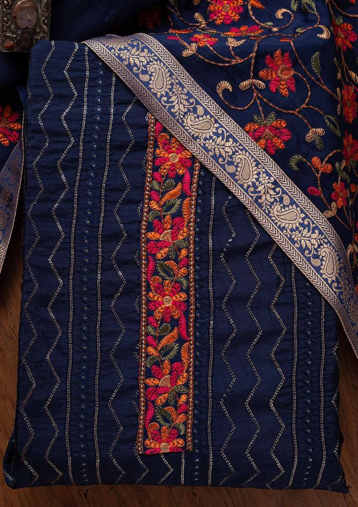 Navy Blue Chikankari Semi Crepe Designer Unstitched Salwar Suit - koskii