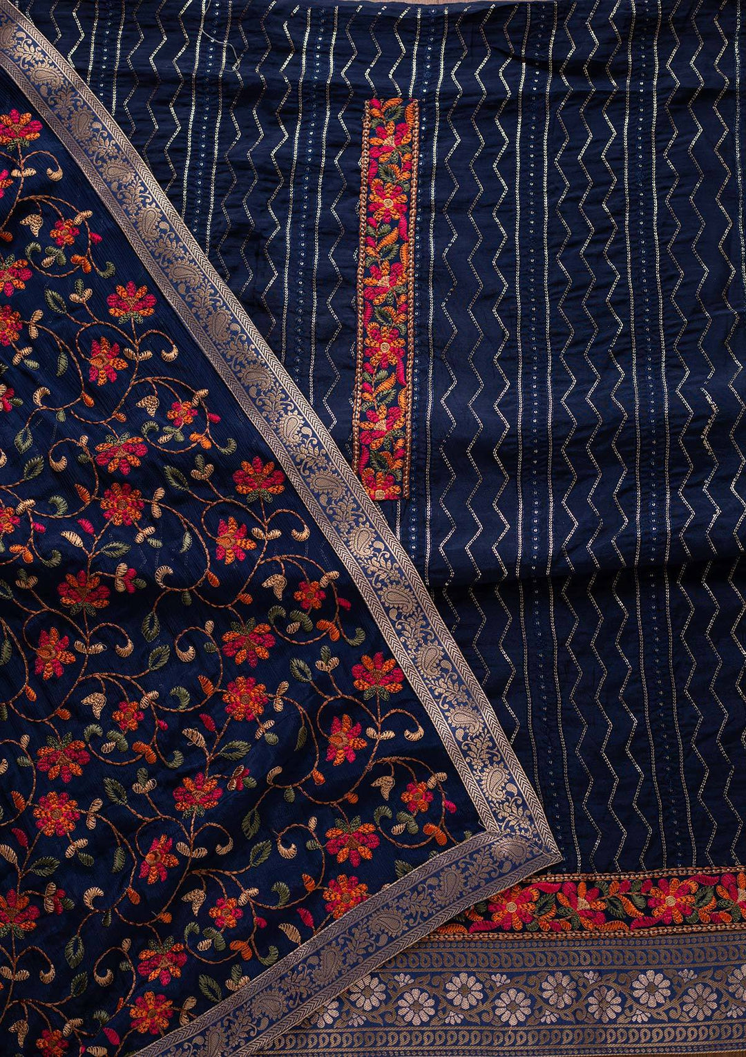 Navy Blue Chikankari Semi Crepe Designer Unstitched Salwar Suit - koskii