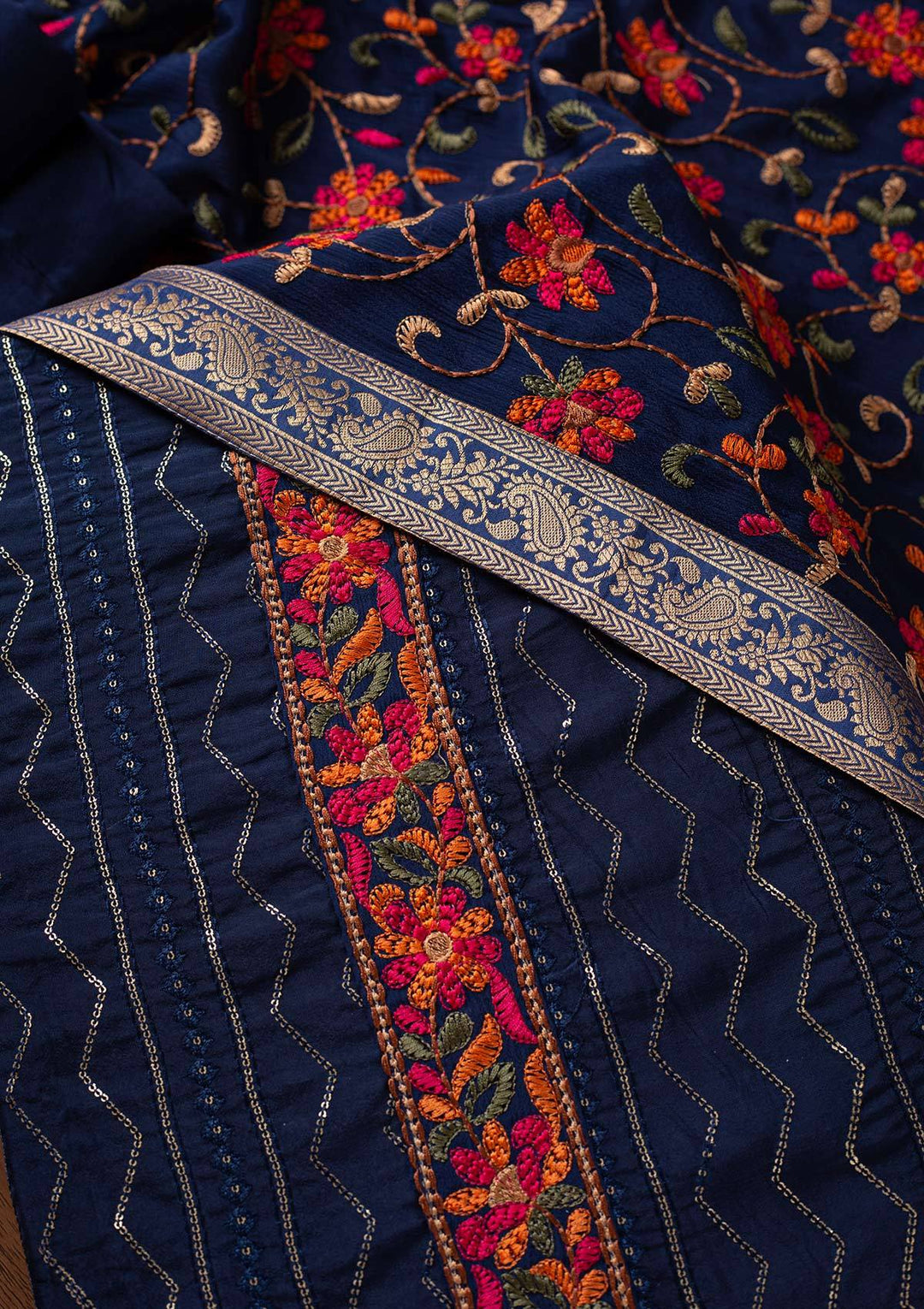 Navy Blue Chikankari Semi Crepe Designer Unstitched Salwar Suit - koskii