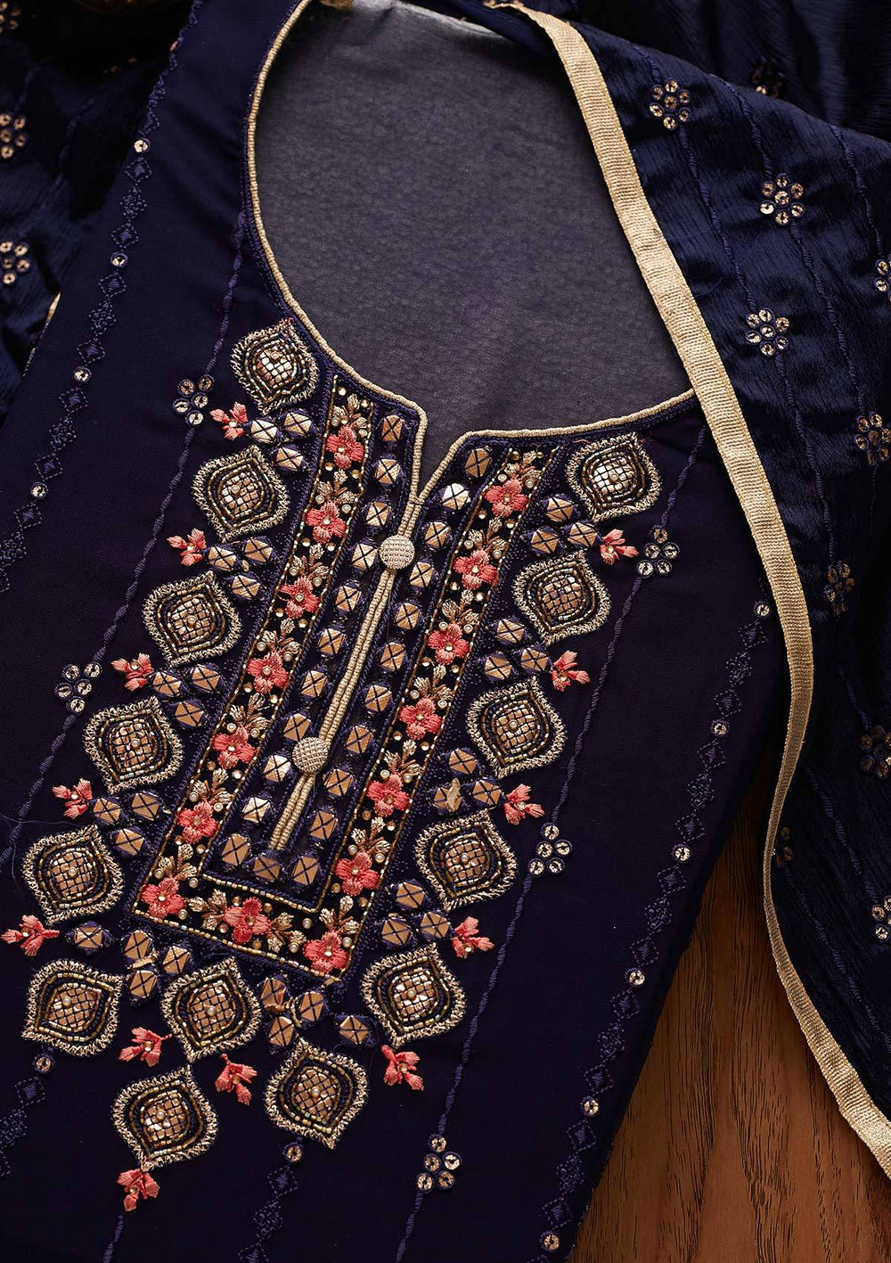 Navy Blue Cutdana Georgette Designer Semi-Stitched Salwar Suit - Koskii