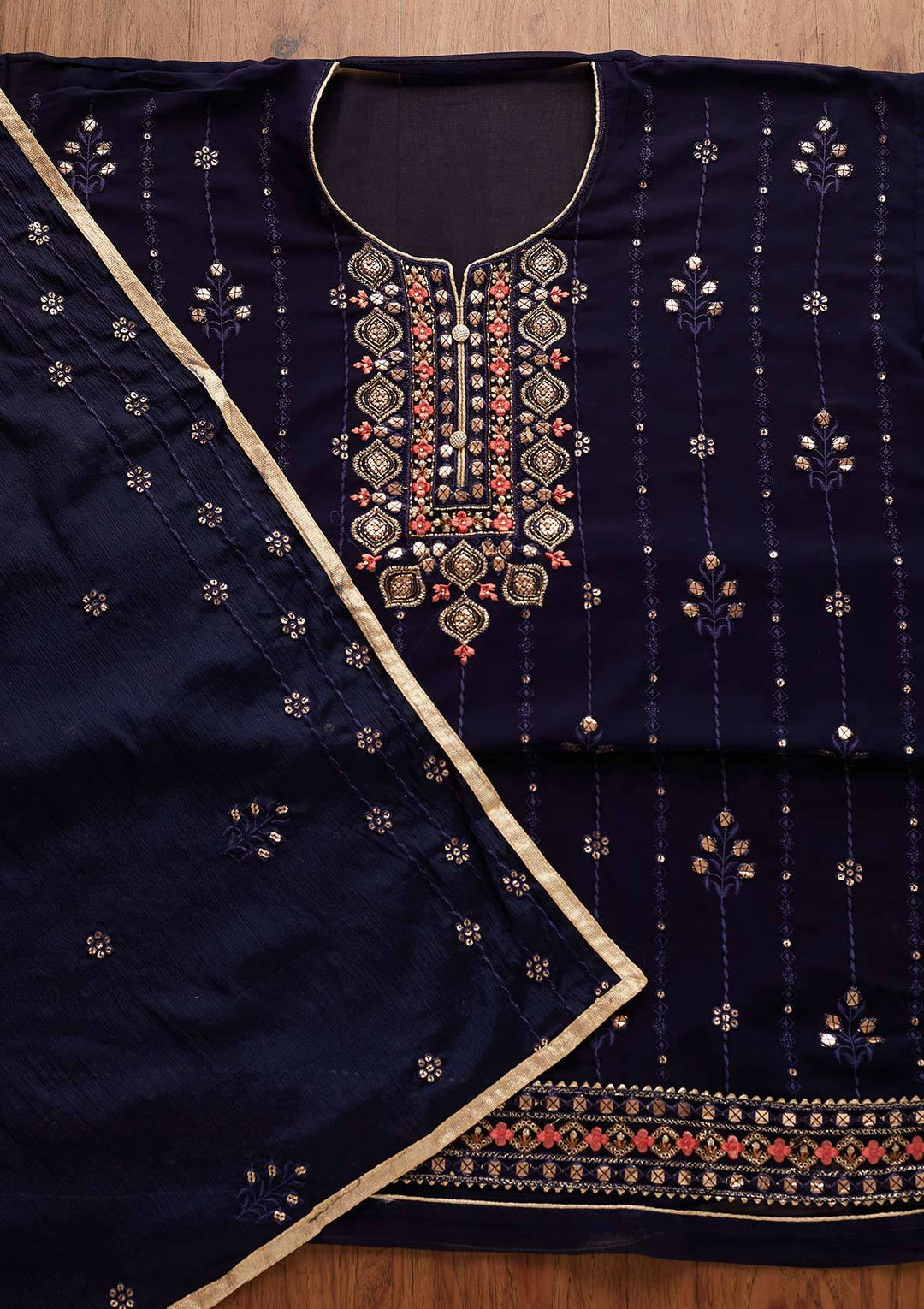 Navy Blue Cutdana Georgette Designer Semi-Stitched Salwar Suit - Koskii