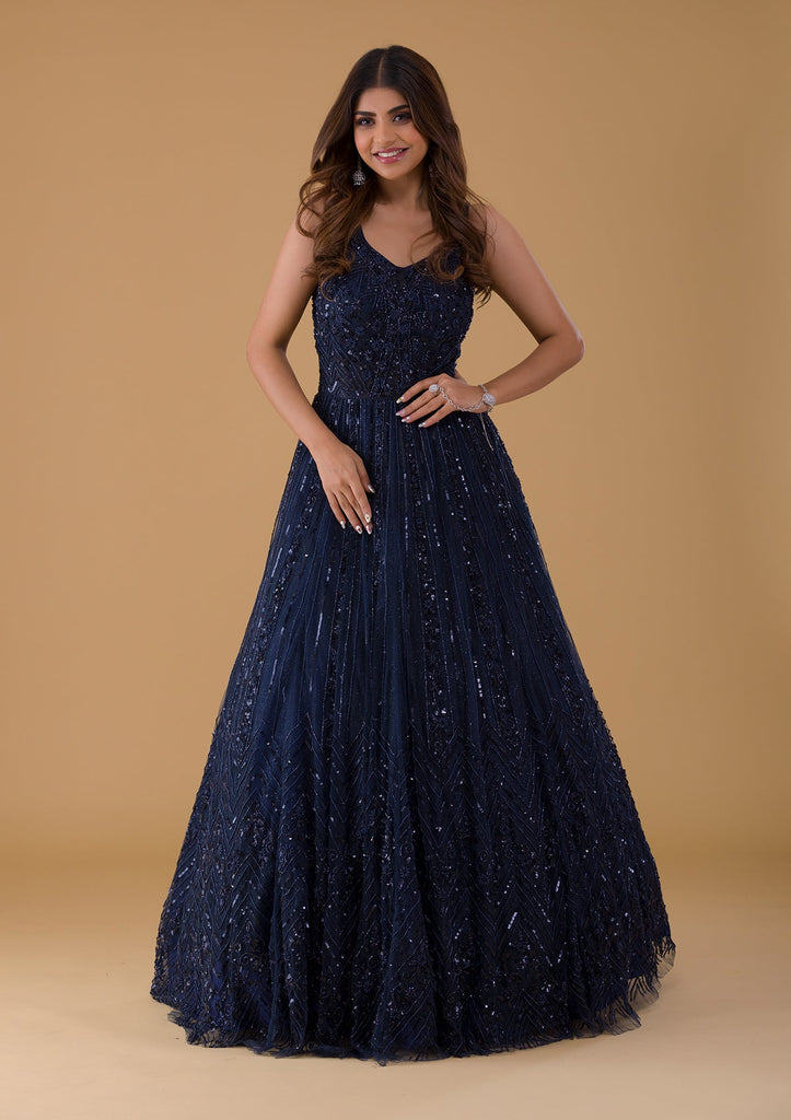 Buy Navy Blue Cutdana Net Gown