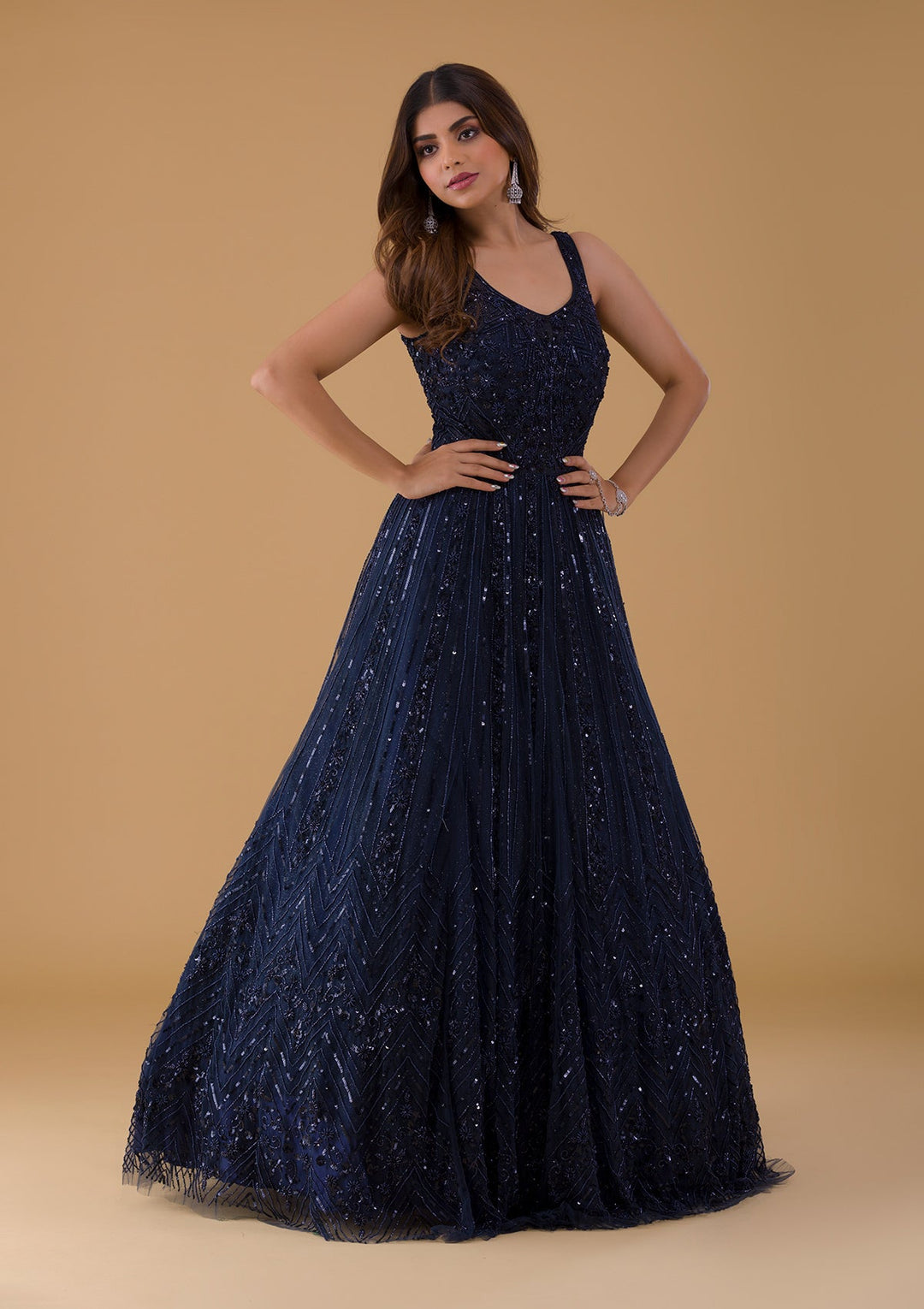 blue net dress Full length net gown on sky blue with Korean printed inner fabric showcasing ivory embroidery