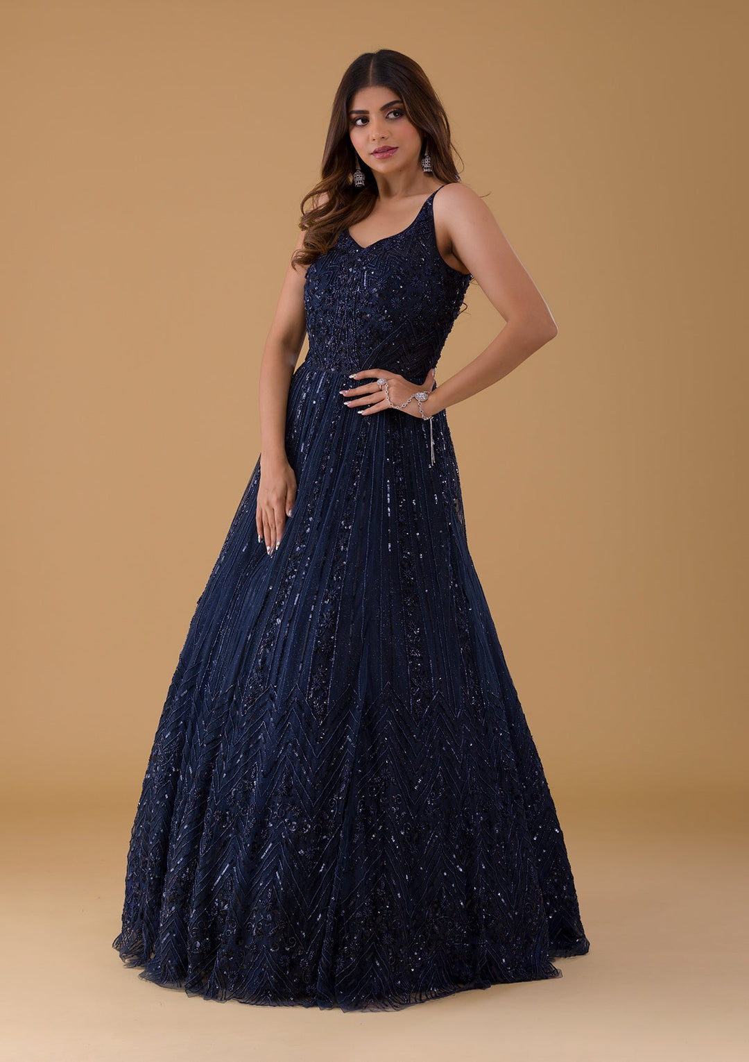 Navy Blue Cutdana Net Gown-Koskii