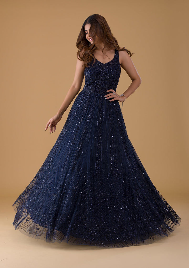 Navy Blue Cutdana Net Gown-Koskii