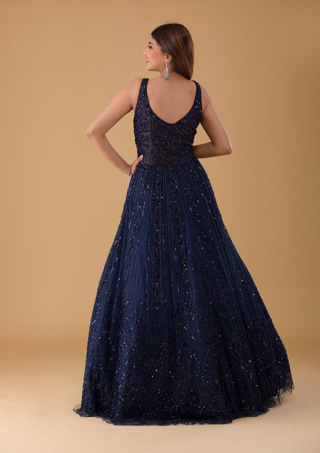 Navy Blue Cutdana Net Gown-Koskii