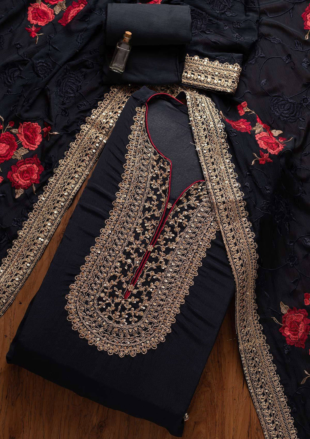 Navy Blue Cutdana Semi Crepe Designer Semi-Stitched Salwar Suit - koskii