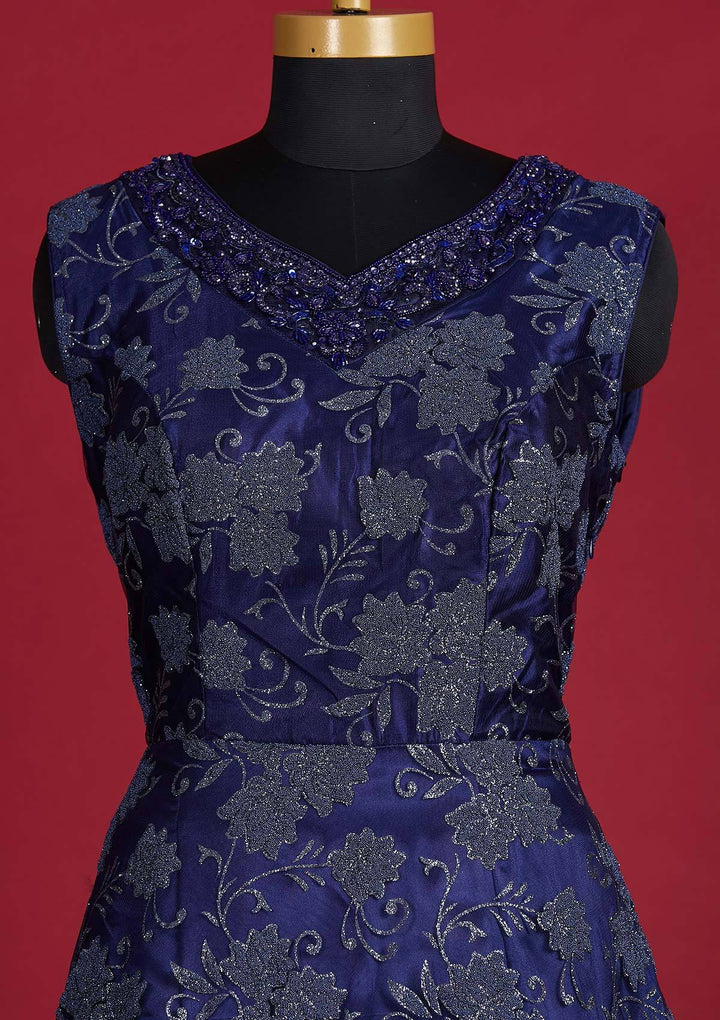 Navy Blue Glitter Net Designer Gown - Koskii