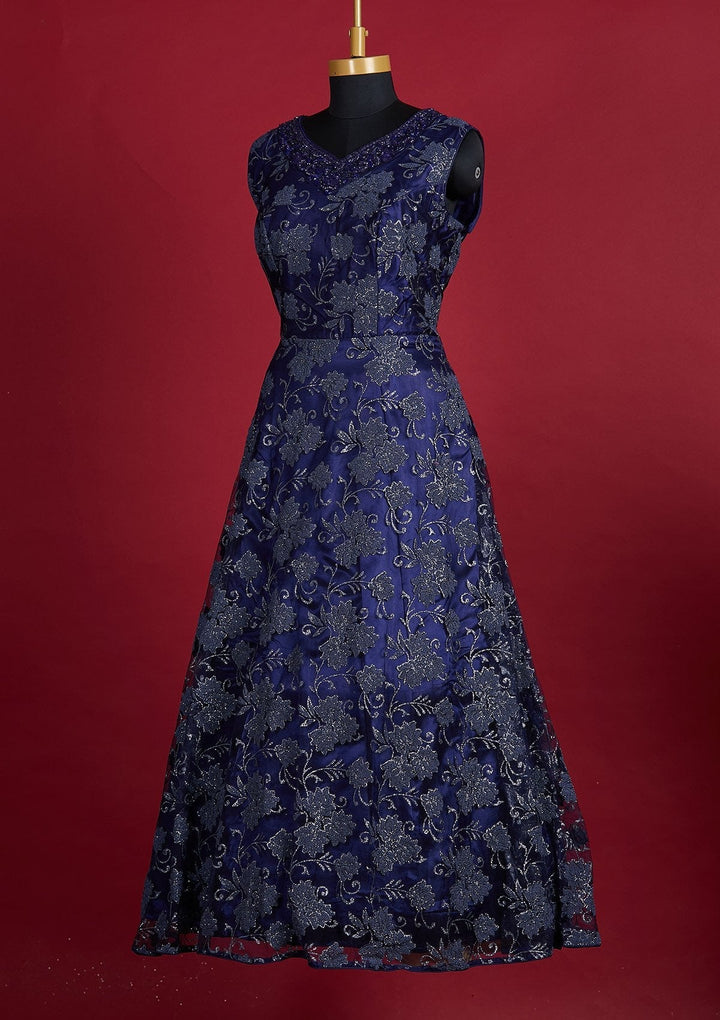 Navy Blue Glitter Net Designer Gown - Koskii
