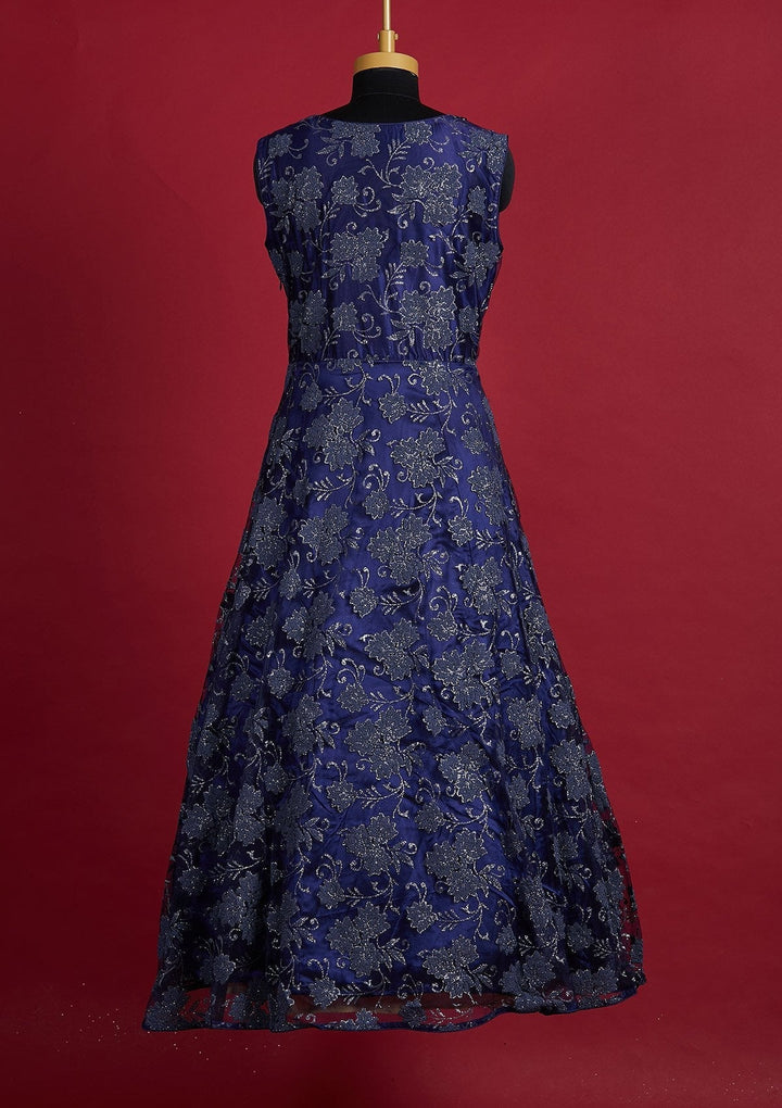 Navy Blue Glitter Net Designer Gown - Koskii