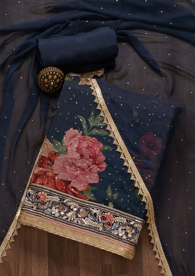 Navy Blue Gotapatti Georgette Unstitched Salwar Suit- Koskii