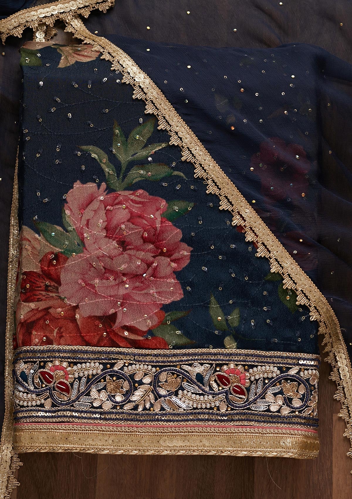 Navy Blue Gotapatti Georgette Unstitched Salwar Suit - Koskii