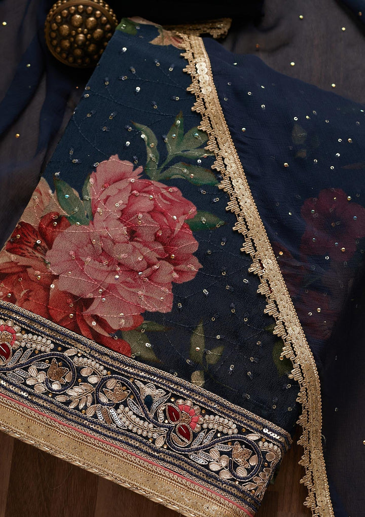 Navy Blue Gotapatti Georgette Unstitched Salwar Suit - Koskii