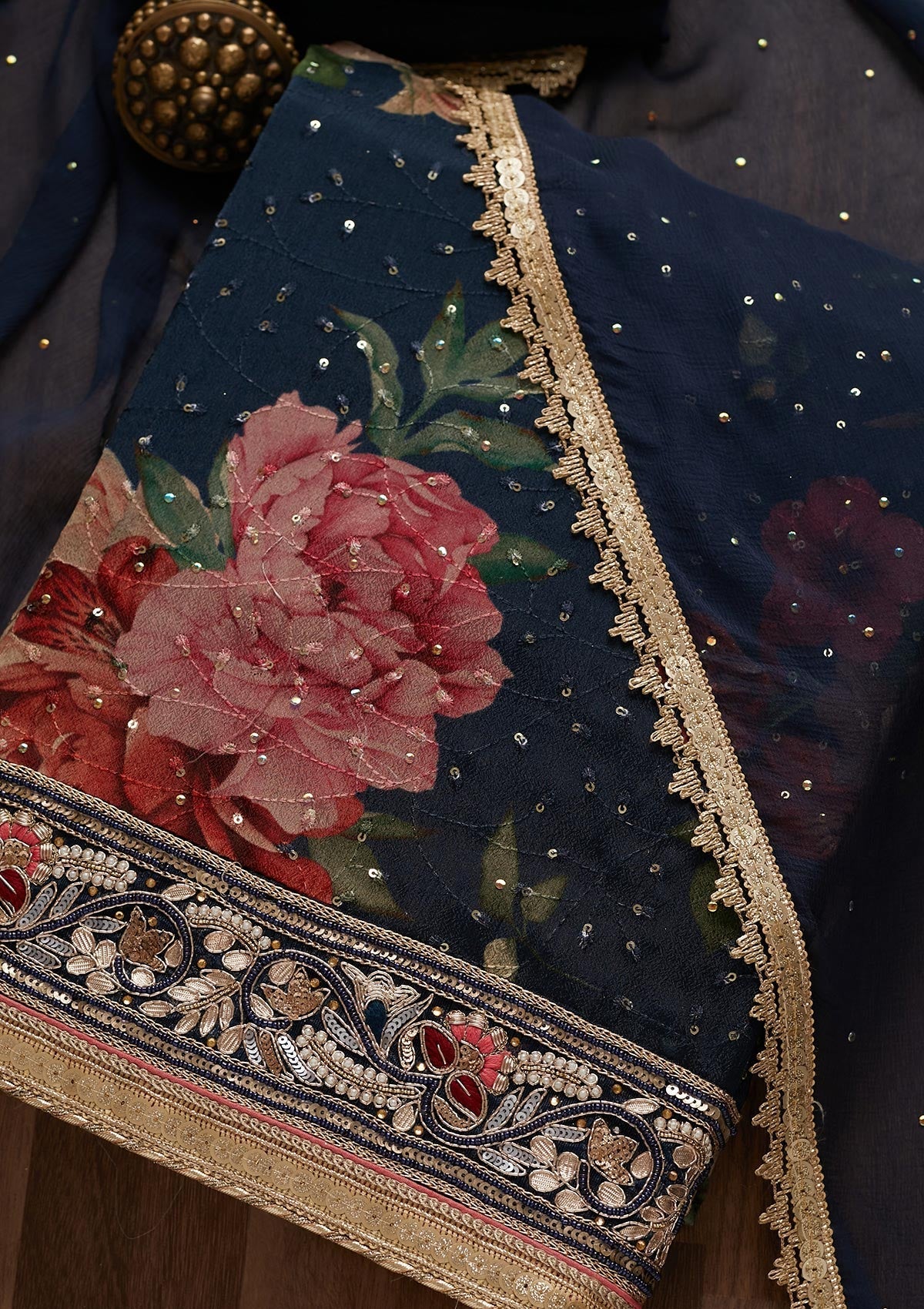 Navy Blue Gotapatti Georgette Unstitched Salwar Suit - Koskii
