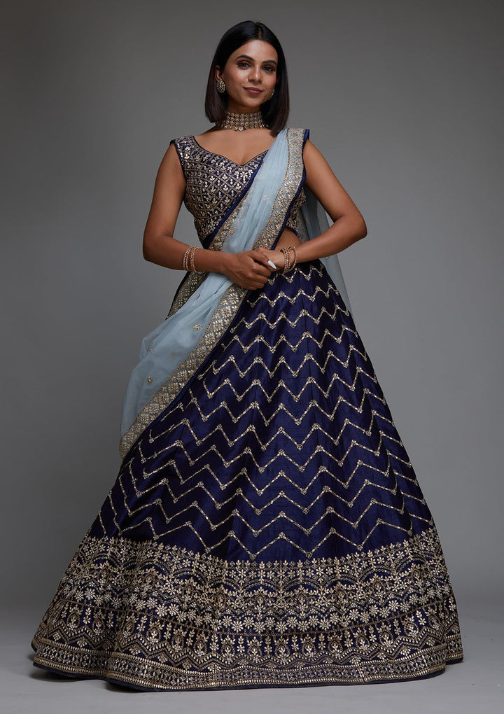 Navy Blue Gotapatti Raw Silk Designer Lehenga- Koskii
