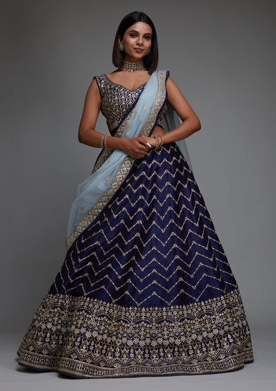 Navy Blue Gotapatti Raw Silk Designer Lehenga- Koskii