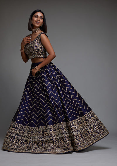Navy Blue Gotapatti Raw Silk Designer Lehenga - Koskii