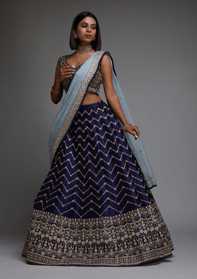 Navy Blue Gotapatti Raw Silk Designer Lehenga - Koskii