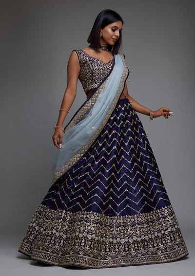 Navy Blue Gotapatti Raw Silk Designer Lehenga - Koskii