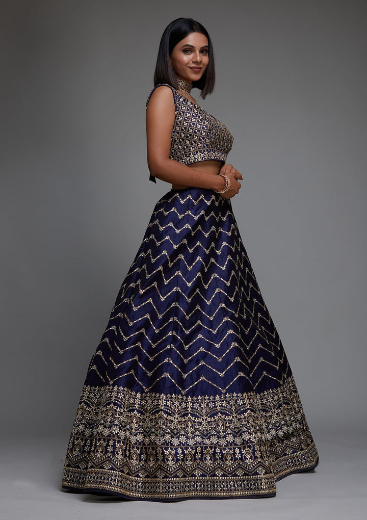 Navy Blue Gotapatti Raw Silk Designer Lehenga - Koskii