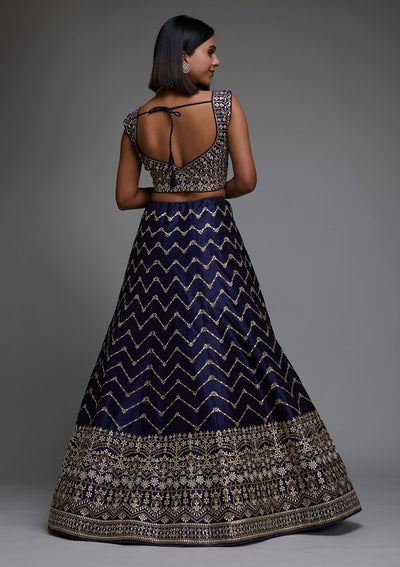 Navy Blue Gotapatti Raw Silk Designer Lehenga - Koskii