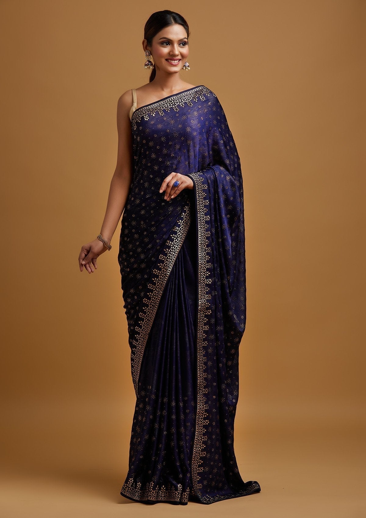 Navy Blue Gotapatti Semi Crepe Designer Saree - koskii