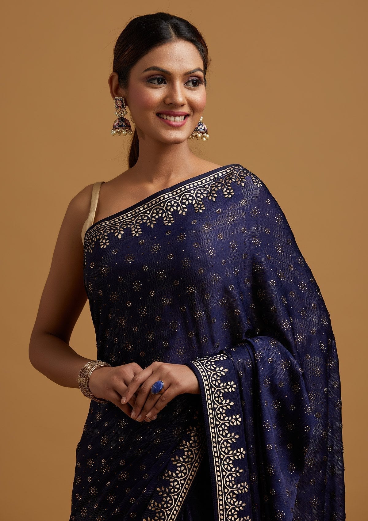 Navy Blue Gotapatti Semi Crepe Designer Saree - koskii