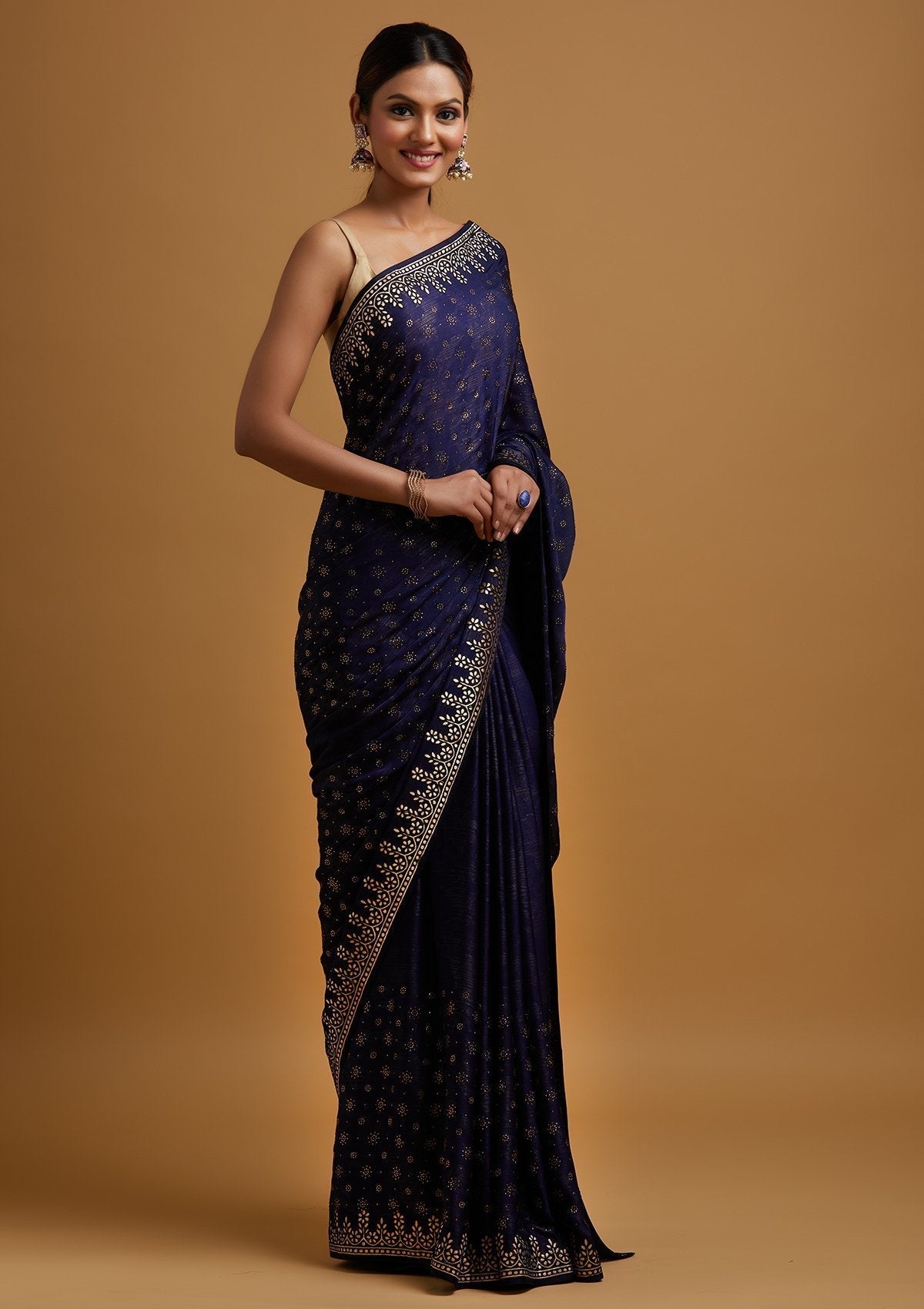 Navy Blue Gotapatti Semi Crepe Designer Saree - koskii