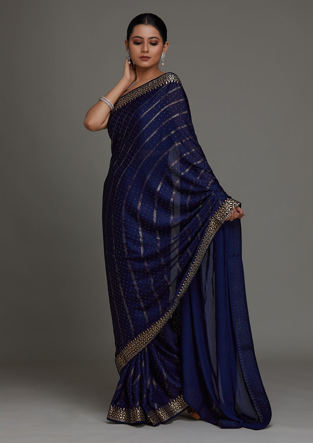 Navy Blue Gotapatti Shimmer Saree- Koskii